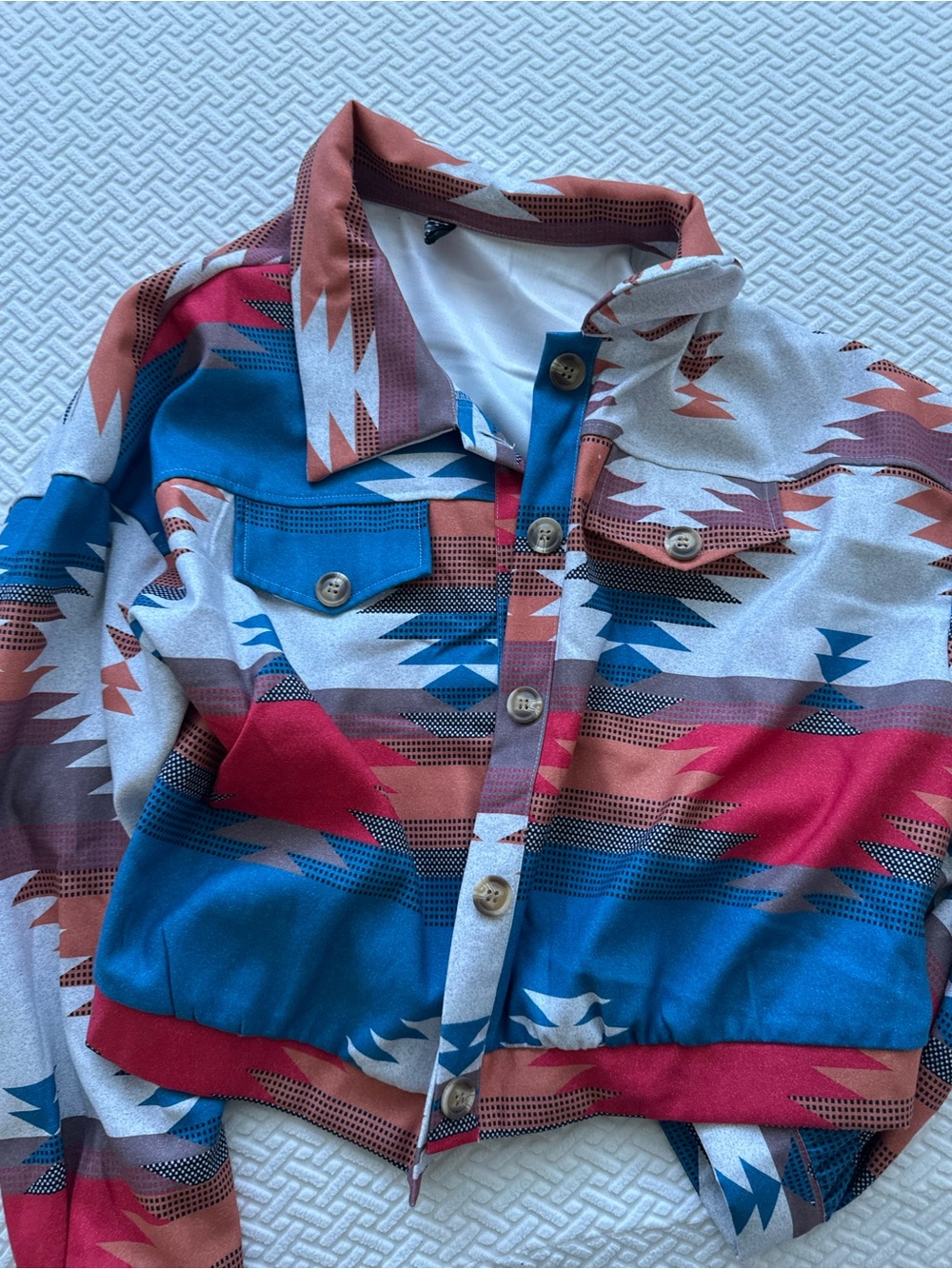 SHEIN Aztec Print Button-Down Shirt Jacket - Blue, Red, Brown, White